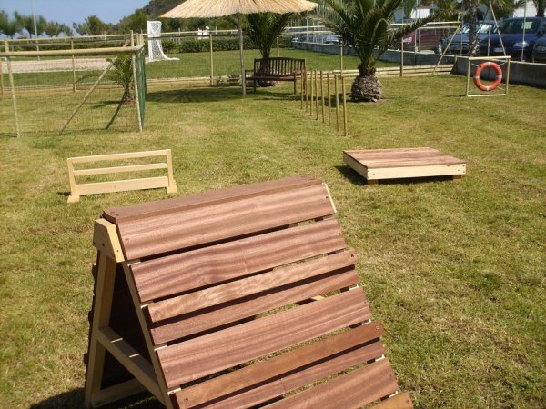 Area all'aperto con attrezzature in legno per allenamento e palme sul prato.