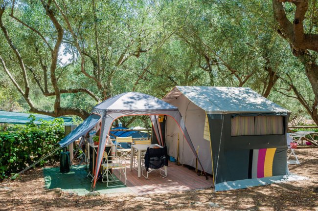 Tenda da campeggio sotto gli alberi, con sedie e tavolo all'esterno.