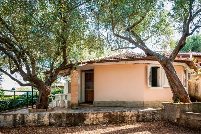 Casa color pesca immersa tra alberi con un piccolo patio.