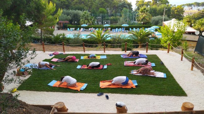 Persone che fanno yoga su tappetini colorati su un prato vicino a una piscina.