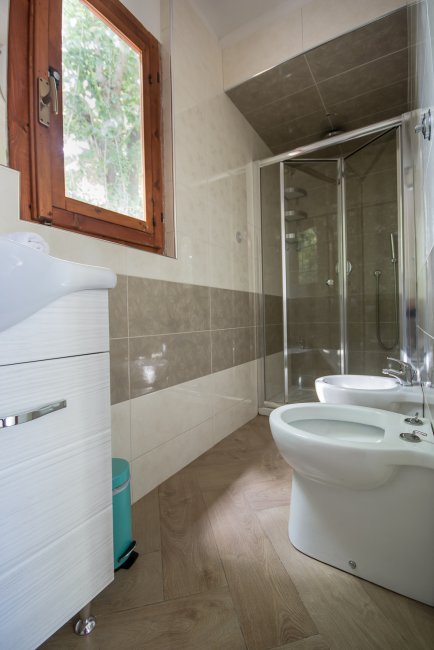 Bagno privato con doccia, finestra e bidet.