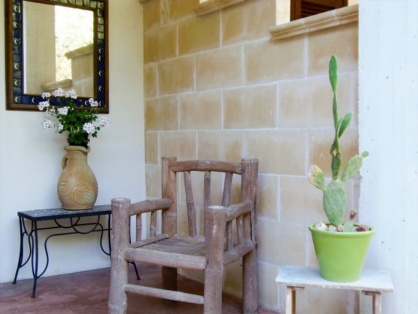 Veranda con sedia in legno, tavolino con vaso di fiori e cactus in un vaso verde.