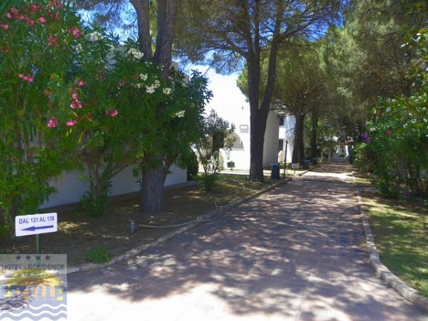 Un sentiero ombreggiato tra alberi e cespugli fioriti in un residence.