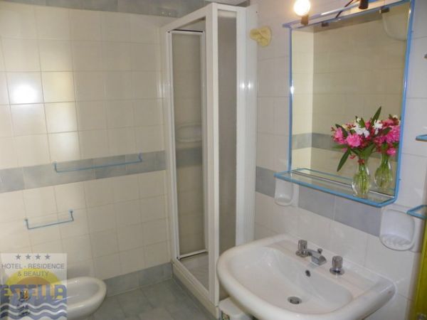 Bagno con doccia, lavandino e specchio illuminato. Fiori sul ripiano.