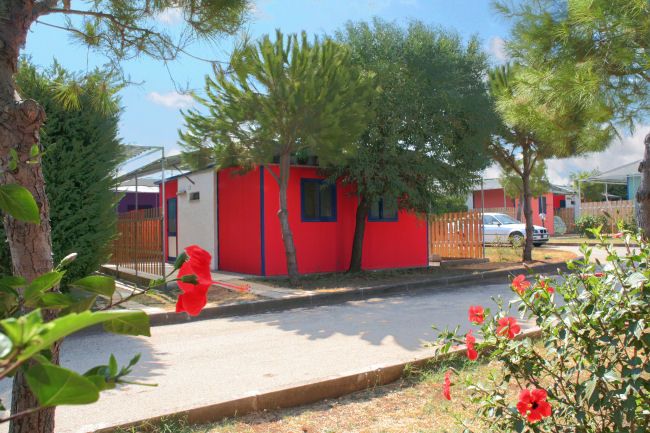 Casa rossa con recinzione in legno circondata da alberi e fiori rossi.