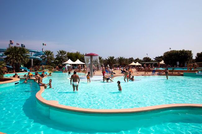 Persone in una piscina con aree ludiche e palme attorno.