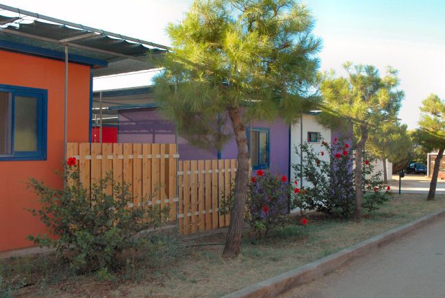 Casette dai colori vivaci con giardini fioriti, alberelli e una recinzione di legno.