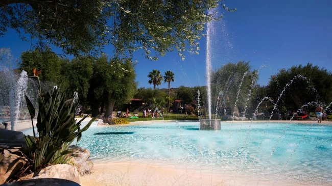 Una piscina con fontane e alberi sullo sfondo.