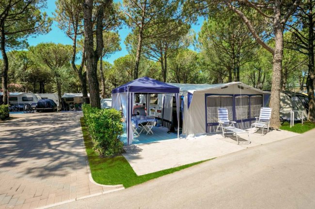 Piazzola di campeggio con tenda e tendalino, circondata da alberi.